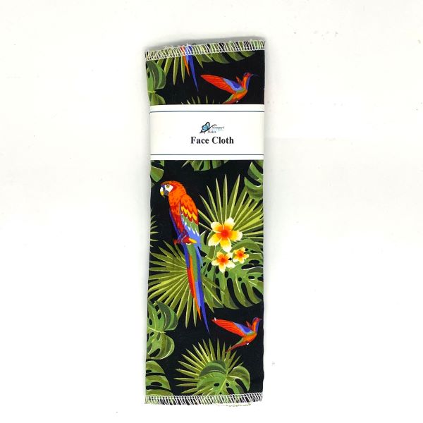 Reusable face cloth in parrot design (dark background with colourful parrots and jungle plants)