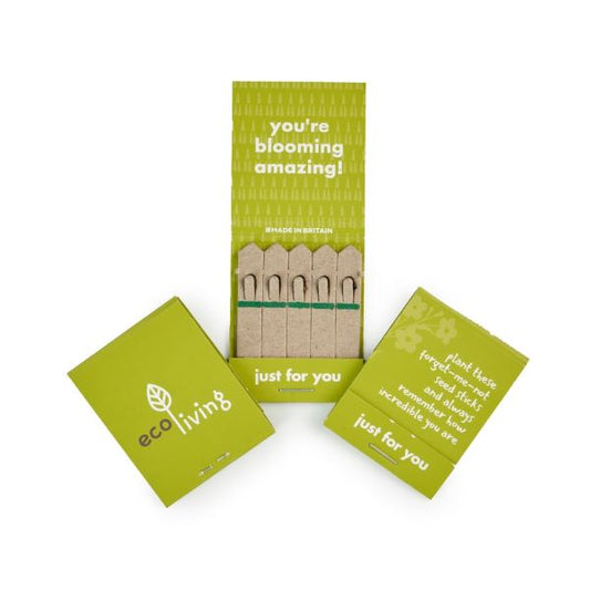 Forget-me-not seed sticks in matchbox wallet, one open showing seed sticks inside. Text on wallet reads 'You're blooming amazing' and 'Plant these forget-me-not seed sticks and always remember how incredible you are'