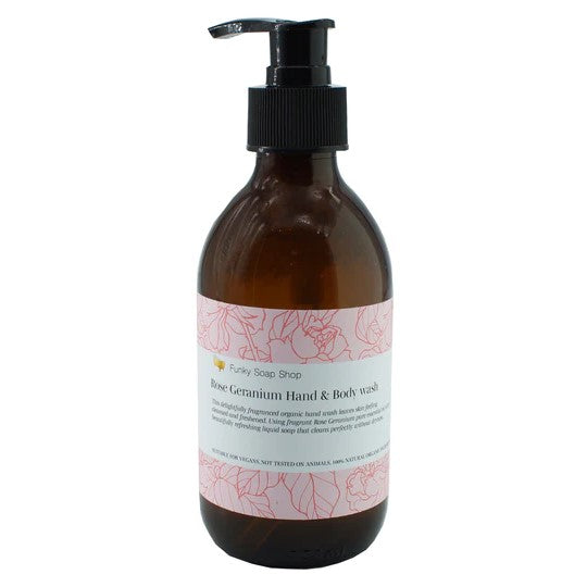 Natural and sustainable hand wash in glass bottles with pump, rose geranium