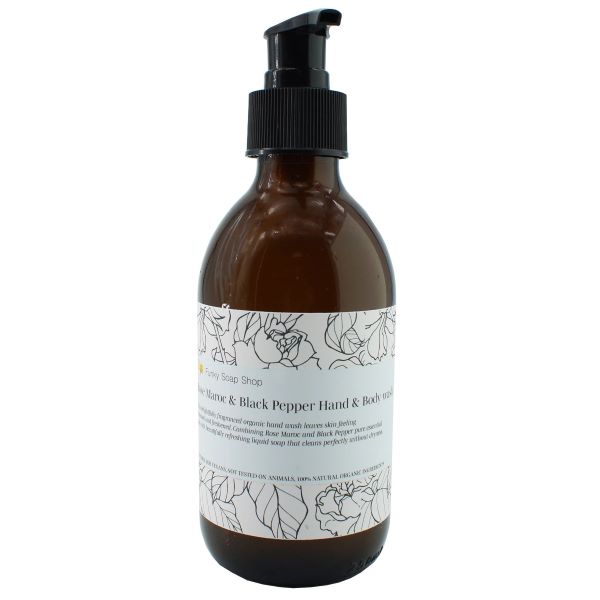Natural and sustainable hand wash in glass bottles with pump, rose maroc and black pe