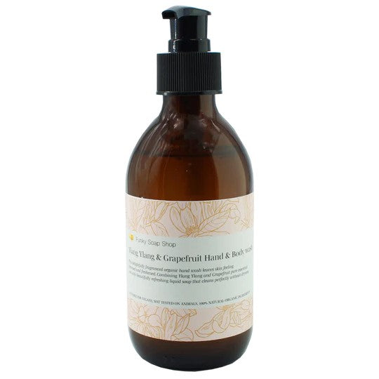 Natural and sustainable hand wash in glass bottles with ylang ylang and grapefruit