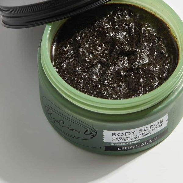 Coffee body scrub from UpCircle lemongrass pot with lid off