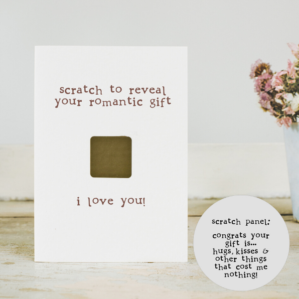 Eco card romantic with scratch panel 'Congrats your gift is... hugs, kisses and other things that cost me nothing!'