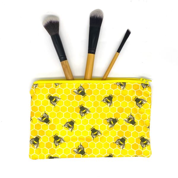 Cotton handmade make-up bag Honeycomb design with bees, with three make-up brushes