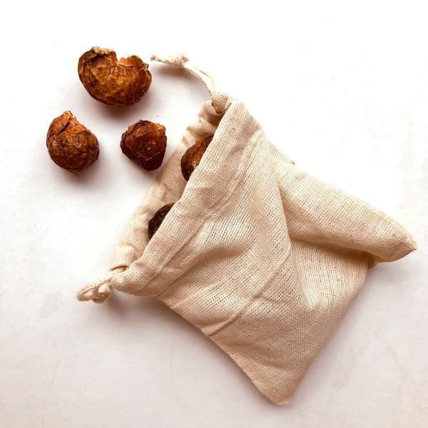 Eco-friendly laundry soapnuts in muslin bag