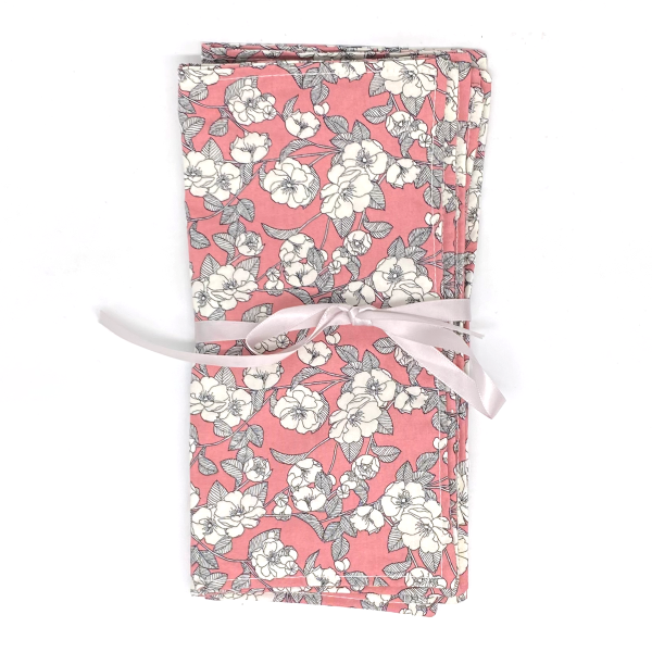Reusable cotton napkins in Pink flowers wrapped in ribbon