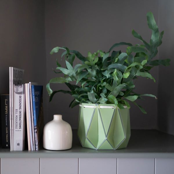 POTR self watering plant pot large in sage on shelf with plant inside