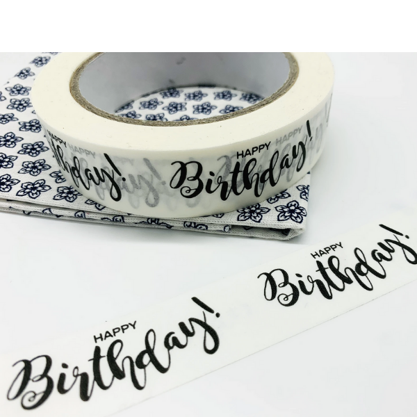 Eco-friendly kraft paper tape with "Happy Birthday!" written in black font