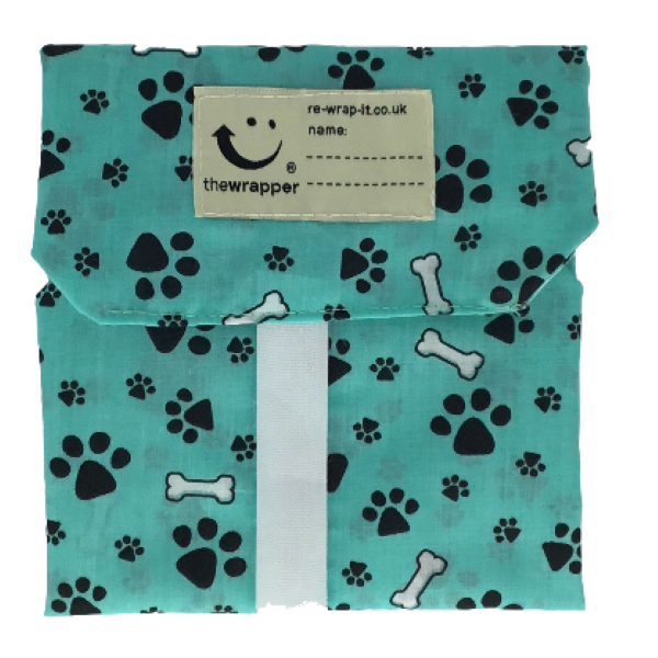 Puppy Paws sandwich wrapper (turquoise background with black dog paw prints and white bones)