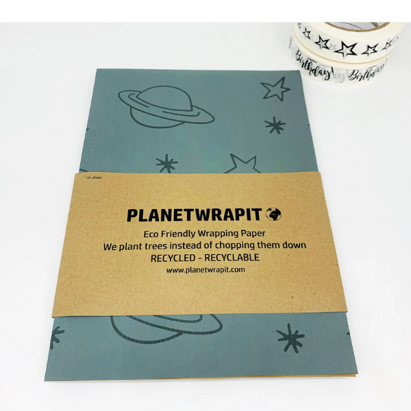 Eco-friendly wrapping paper Planet and stars Dusky blue