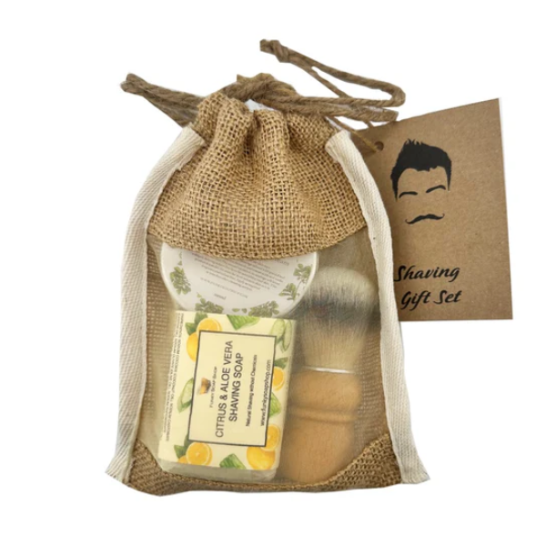 Shaving gift pouch with contents inside