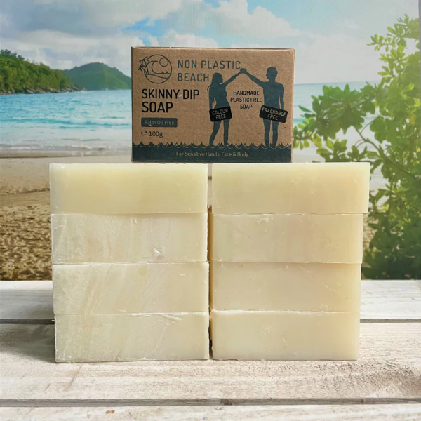 Soap bar Skinny dip for sensitive skin  bars without packaged topped by the cardboard box