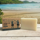 Soap bar Skinny dip for sensitive skin next to box with beach in background