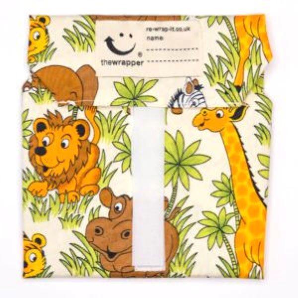 Sandwich wrapper Navy blue check (white background with lions, giraffes and hippos alongside jungle trees)