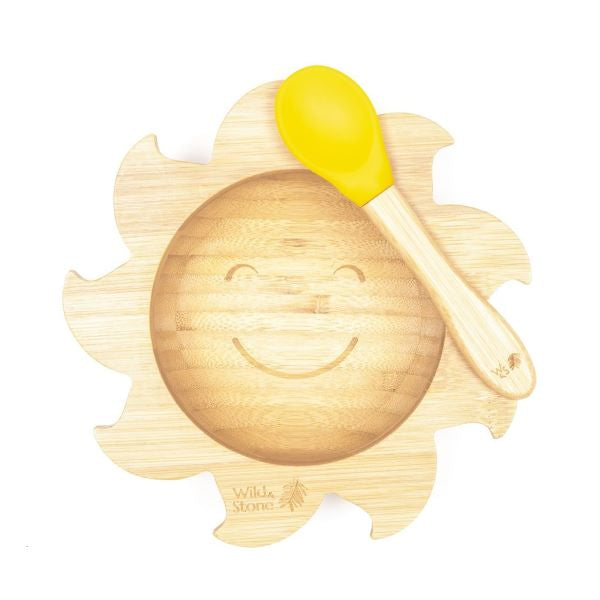 Eco-friendly bamboo baby bowl and silicone spoon set Yellow