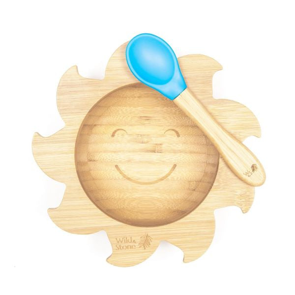 Eco-friendly bamboo baby bowl and silicone spoon set Blue