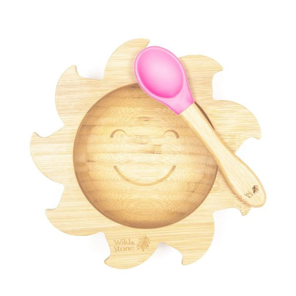 Eco-friendly bamboo baby bowl and silicone spoon set Pink