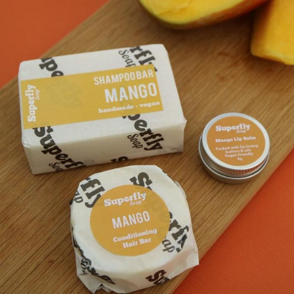 Eco-friendly Superfly conditioner shampoo and lip balm mango