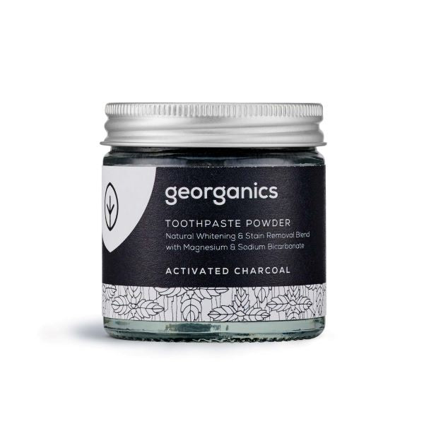 Whitening toothpowder Activated charcoal in glass jar with aluminium lid