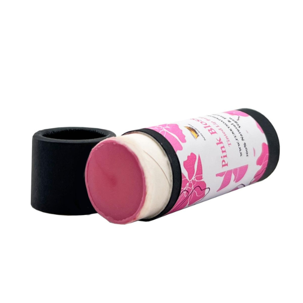 Vegan tinted lip balm Pink blossom in biodegradable cardboard tube with lid off