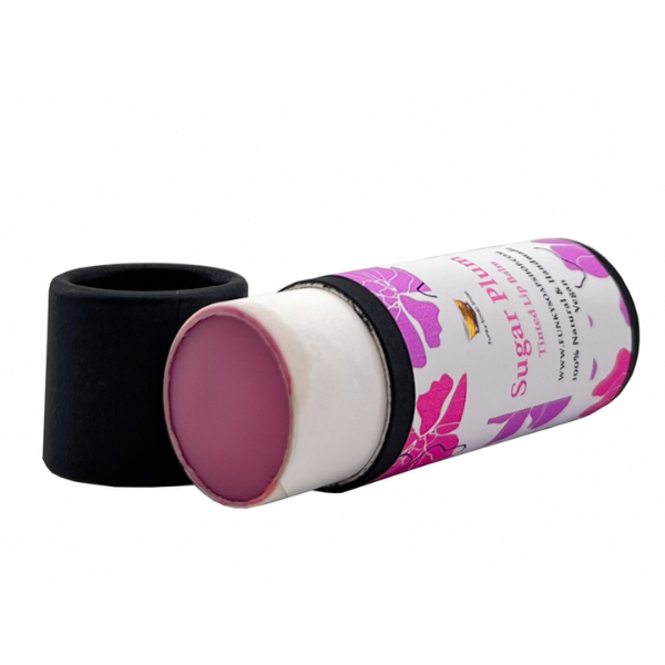 Vegan tinted lip balm Sugar plum in biodegradable cardboard tube with lid off