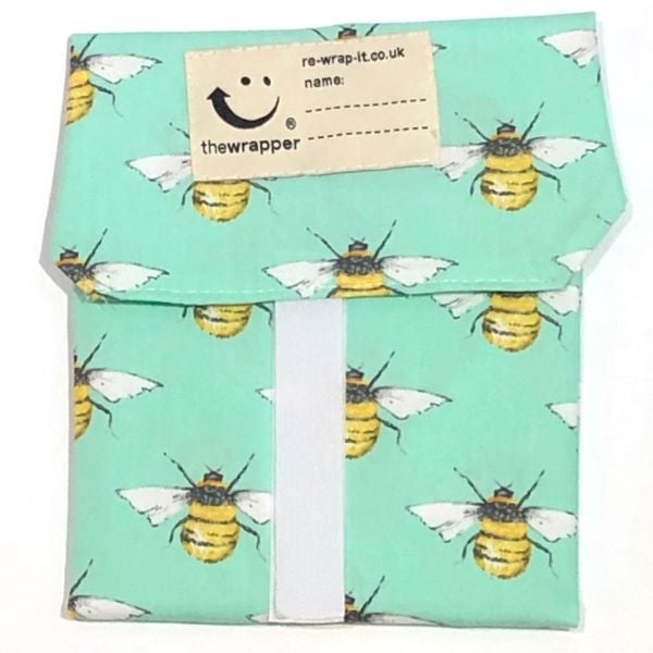 Bees eco-friendly sandwich wrapper (mint background with yellow, black and white bees)