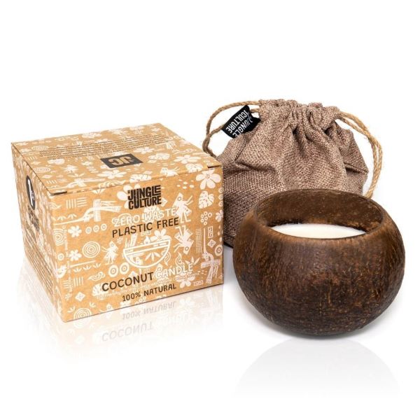 Natural eco-friendly candle in coconut shell with cotton storage bag and cardboard box