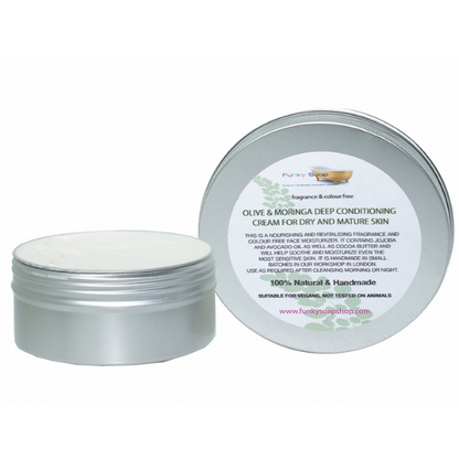 Face cream in aluminium tub Olive and moringa shown with lid off and white cream inside