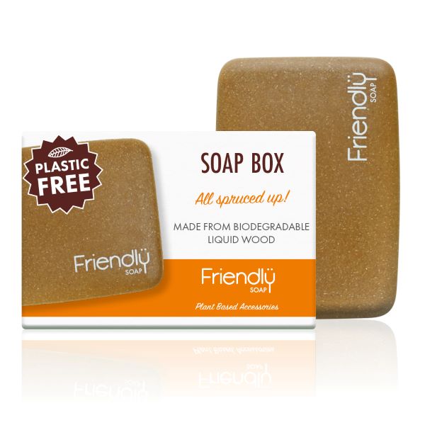 Liquid wood soap box with cardboard box packaging with text saying 'plastic free'