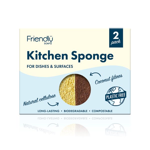 Plastic-free kitchen sponge two-pack in cardboard box packaging