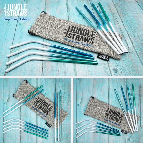Reusable stainless steel straw set with pouch Deep Ocean